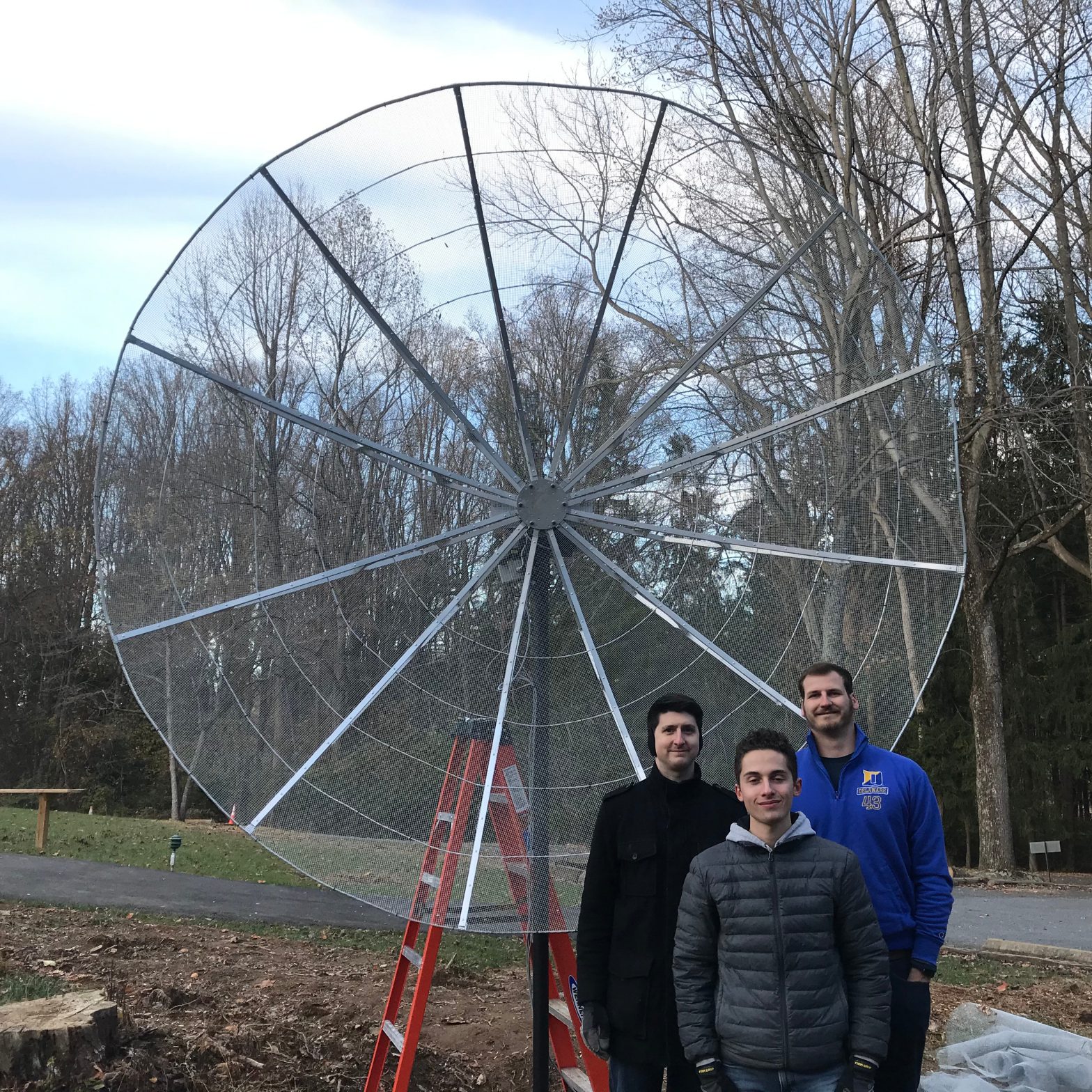 PI Bennett A. Maruca, Co-I Edward Campbell Graff, Jr., and Undergraduate Jeffrey Neumann after installing the 3-meter satellite dish for the University of Delaware CubeSat Ground Station at the Mt. Cuba Astronomical Observatory in Greenville, DE.