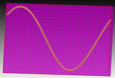 Figure 1: Image of the jou code used to model trigonometric equations in CUBIT (above). Image (below) of code output in “transparent mode” using the parameters a = 2, b = 0.5, c = 2, d =0.5, radius = 0.1, and matrix size = 4π.