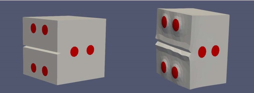 Figure 3: Before and after 90-degree fiber composite pressure simulation using MEF90